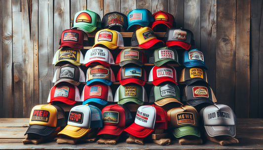 A visually engaging depiction of a collection of trucker hats placed on a hat stand. Show a mix of different styles, materials, and colors to highlight their fashion essence. Let's have hats of vibran