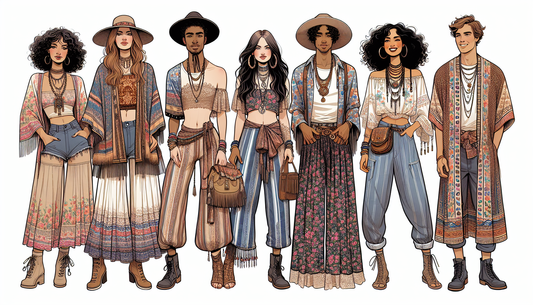 An illustrated guide to Boho Festival fashion essentials. The guide includes various types of Bohemian clothing such as layered dresses, wide brim hats, flowing skirts and intricate jewelry. Featured 