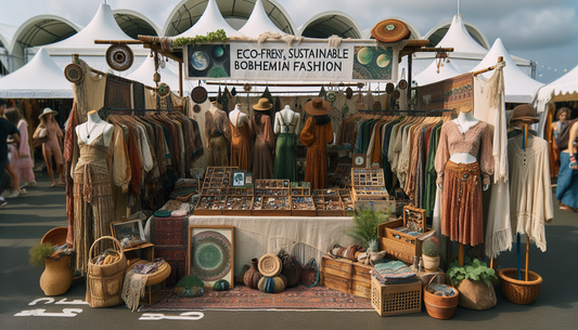 A representation of an eco-friendly and sustainable bohemian fashion display. The display showcases various items from top sustainable bohemian brands, catering to conscientious fashion conscious indi