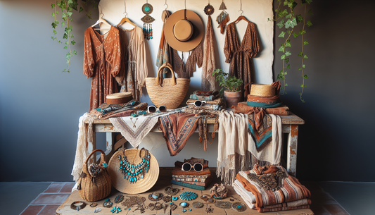 An enticing display of a collection of Bohemian style essentials for the season, arranged aesthetically on a vintage wooden table. Items to include a woven straw bag, patterned scarves, ornate jewelry