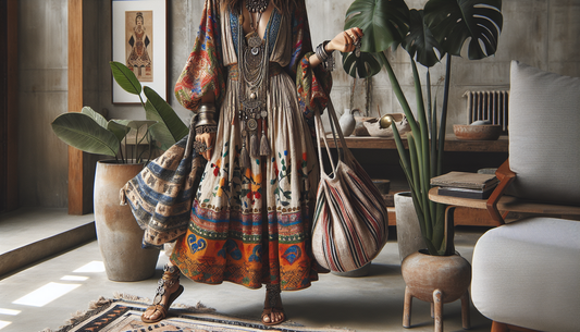 An image showcasing a Boho Chic style scene for the contemporary stylish woman. A long, flowing dress with vibrant colors and bold, ethnic print motifs dominates the view. A statement, layered necklac