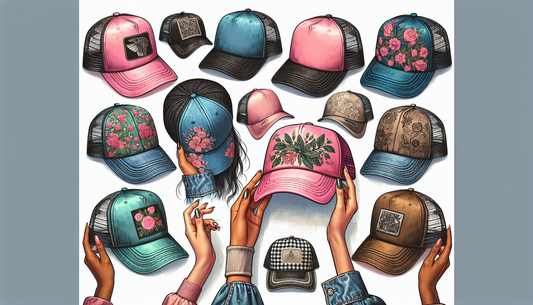 An assortment of women's trucker hats displayed elegantly for a styling guide. The hats vary in design, color, and pattern. On one side of the image, present a neon pink trucker hat with a bold letter
