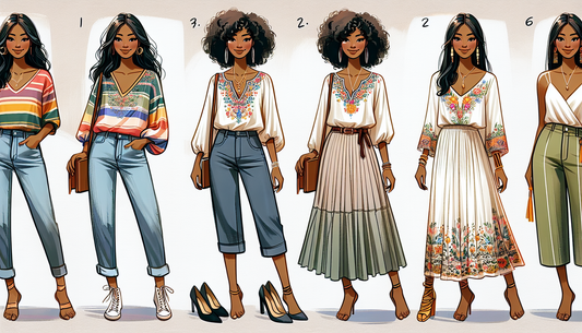 A visual representation of boho-style tops styled for various occasions on a budget. Picture 1: a casual setting where an Asian woman pairs a multicolored boho top with relaxed jeans and flat sandals.