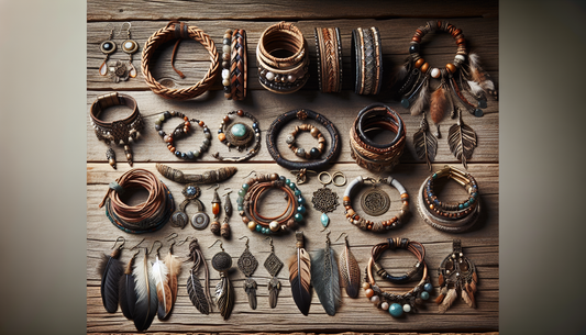 A variety of bohemian style jewelry displayed on a rustic wooden background. The collection includes items like braided bracelets, beaded necklaces, feather earrings, and rings with nature-inspired de