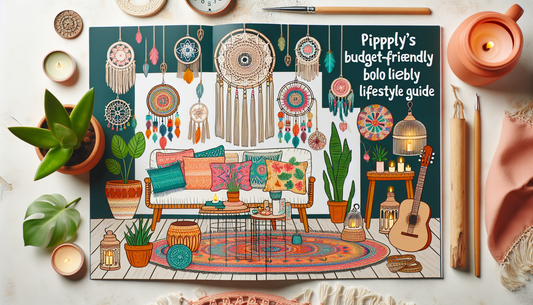 An image depicting a budget-friendly boho lifestyle guide titled 'PiPPY's Budget-Friendly Boho Lifestyle Guide'. It features a bright color palette with elements like dream catchers, macrame decor, in