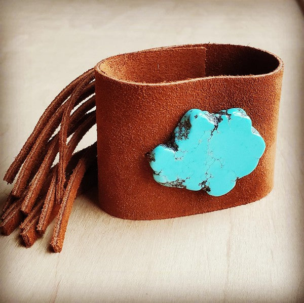 Tan Suede Leather Cuff Fringe and Turquoise Slab