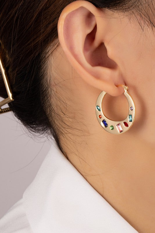 flat hoop earrings with color rhinestones