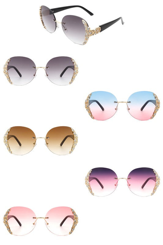 Rimless Round Rhinestone Oversized Sunglasses