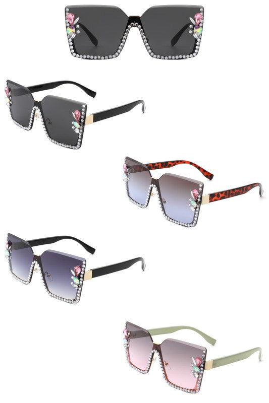 Oversize Half Frame Square Rhinestone Sunglasses