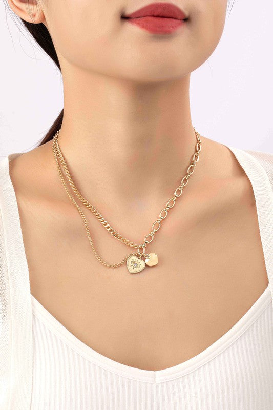 Asymmetric mix chain with heart pendant necklace