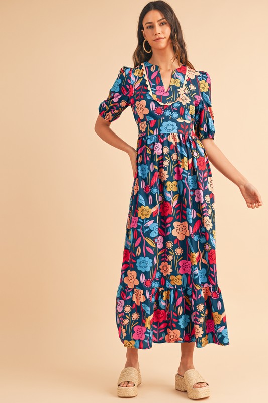 Retro Floral Printed Split Neck Maxi Dress