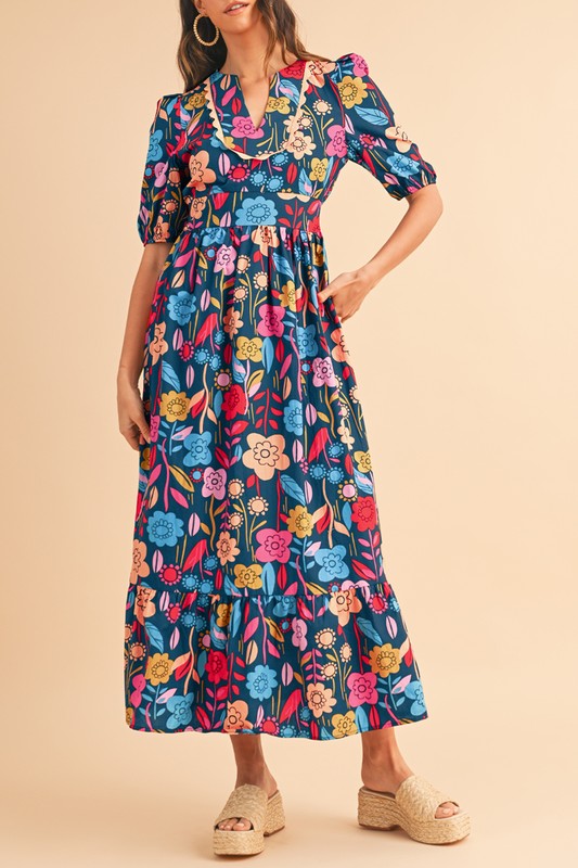 Retro Floral Printed Split Neck Maxi Dress