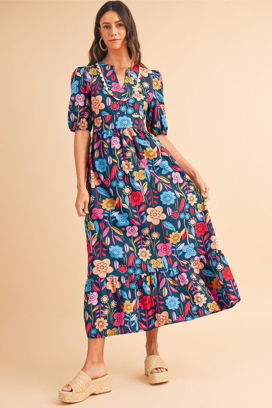 Retro Floral Printed Split Neck Maxi Dress