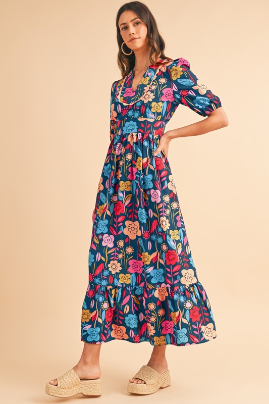 Retro Floral Printed Split Neck Maxi Dress