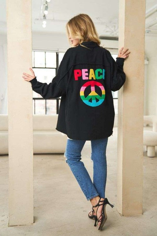Multi Color Lettering Peace Symbol Button Up Shirt