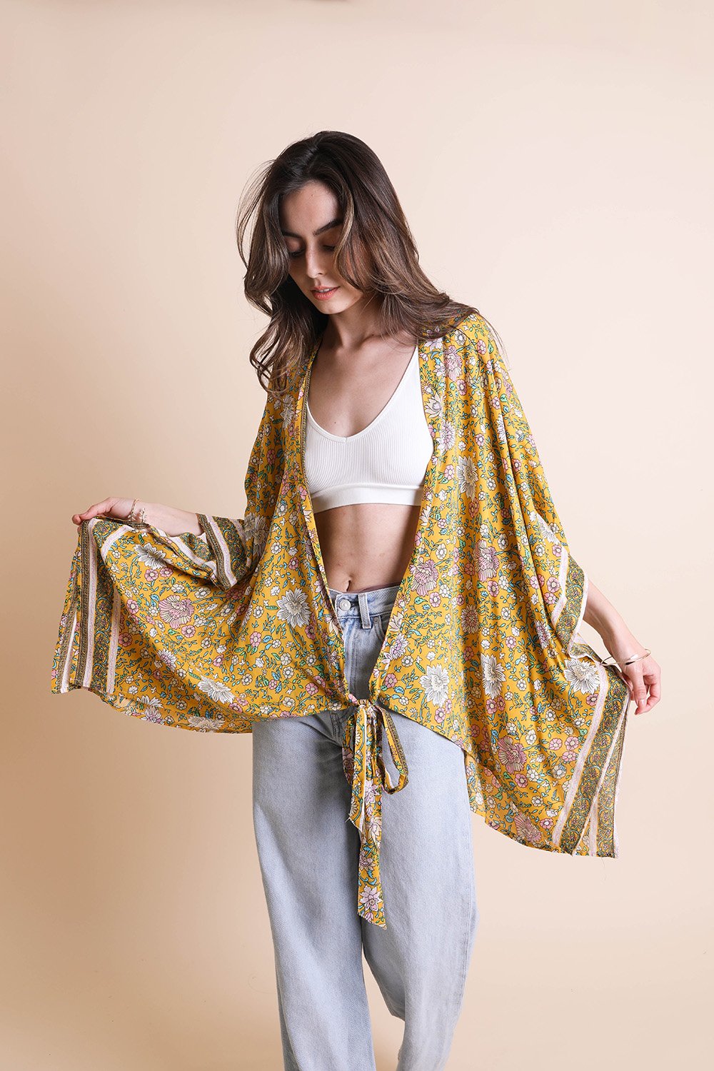 Blossom Tie Front Kimono Wrap Mustard