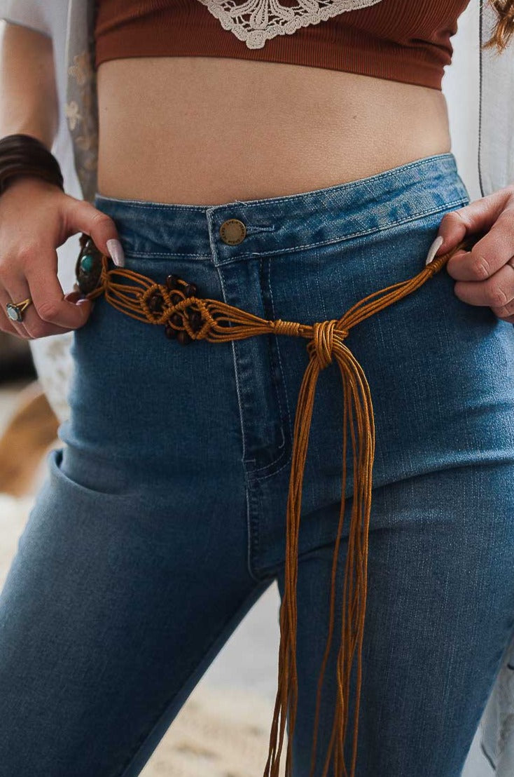 Boho Medallion Macrame Belt Belts Cognac