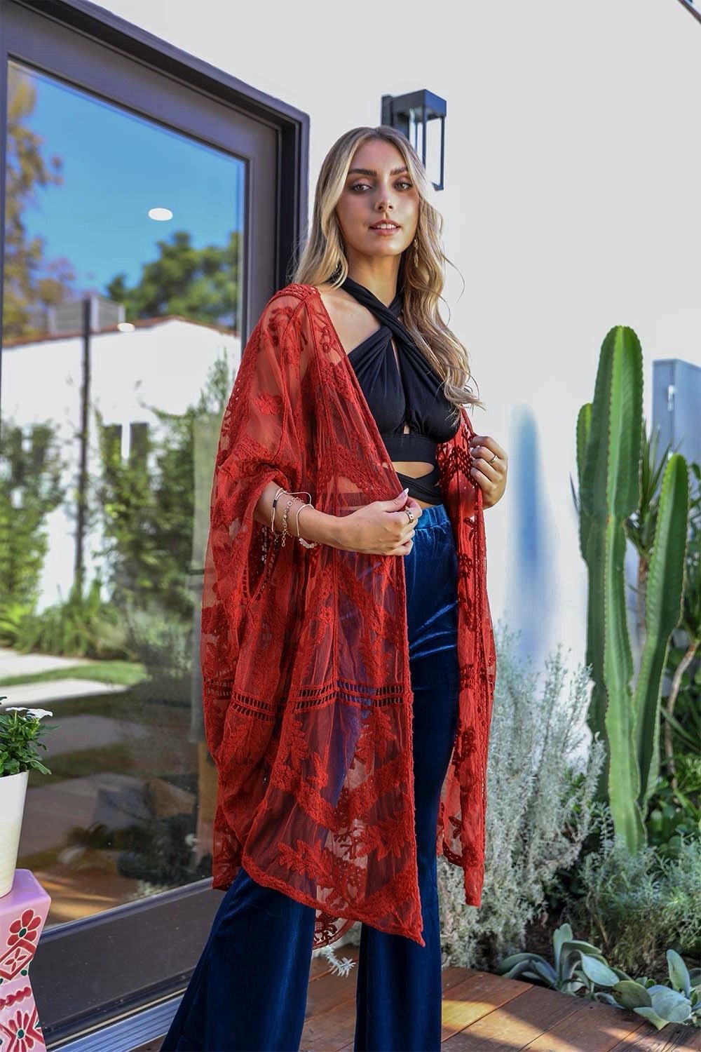 Embroidered Mesh Leaf Kimono Rust