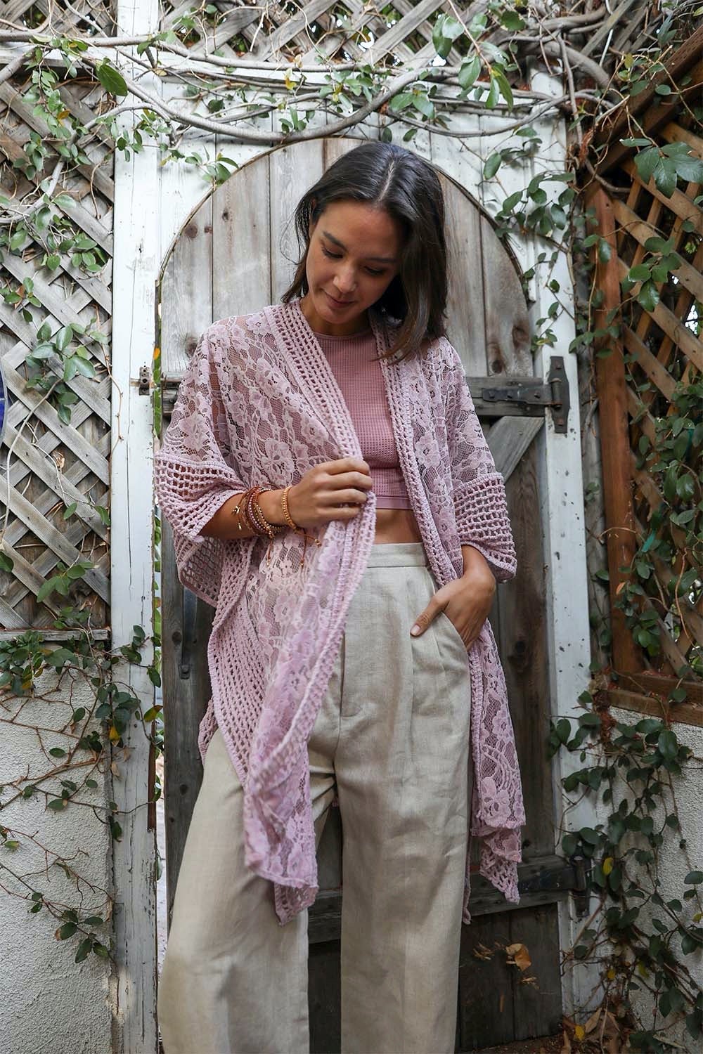 Floral Knit Pattern Kimono Rose