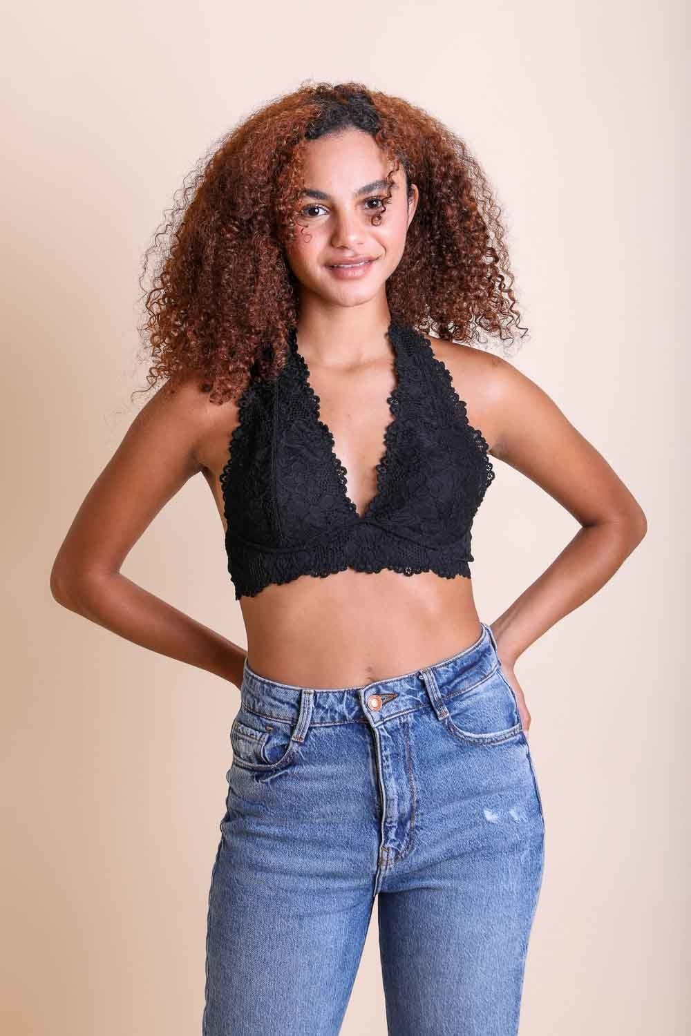 Floral Lace Halter Bralette Small / Black