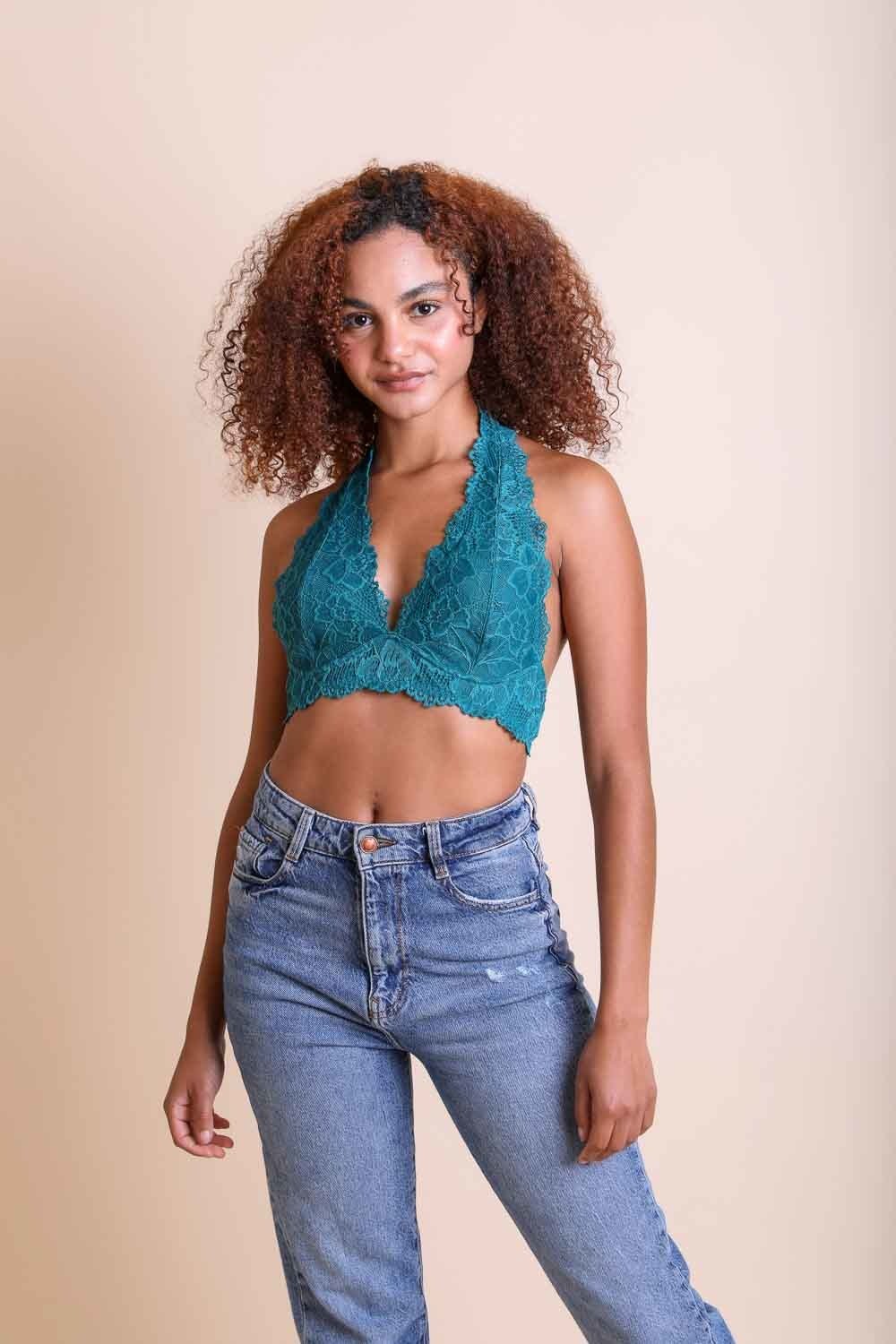 Floral Lace Halter Bralette Small / Teal