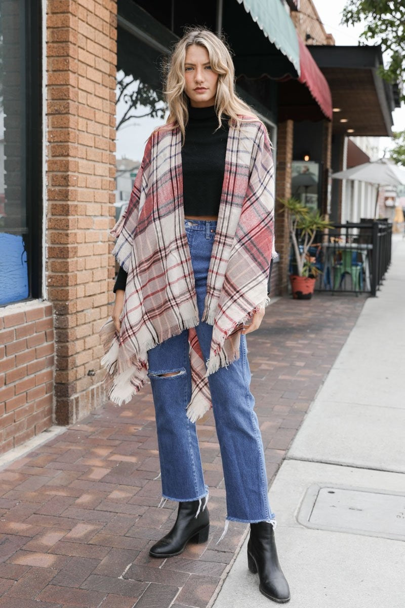 Lightweight Plaid Ruana Ponchos Red Lavender