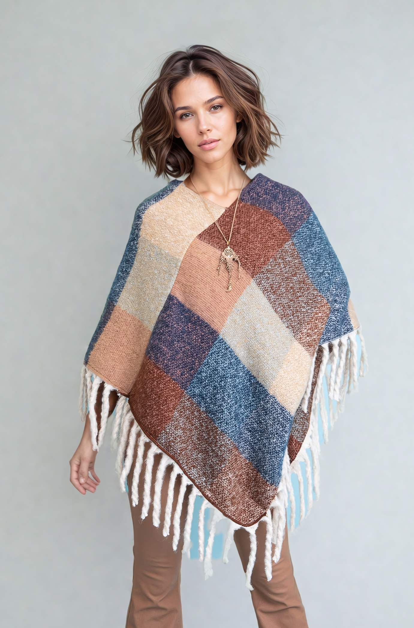 Color Block Tassel Poncho