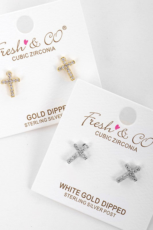 CZ Gold-Dipped Cross Earrings