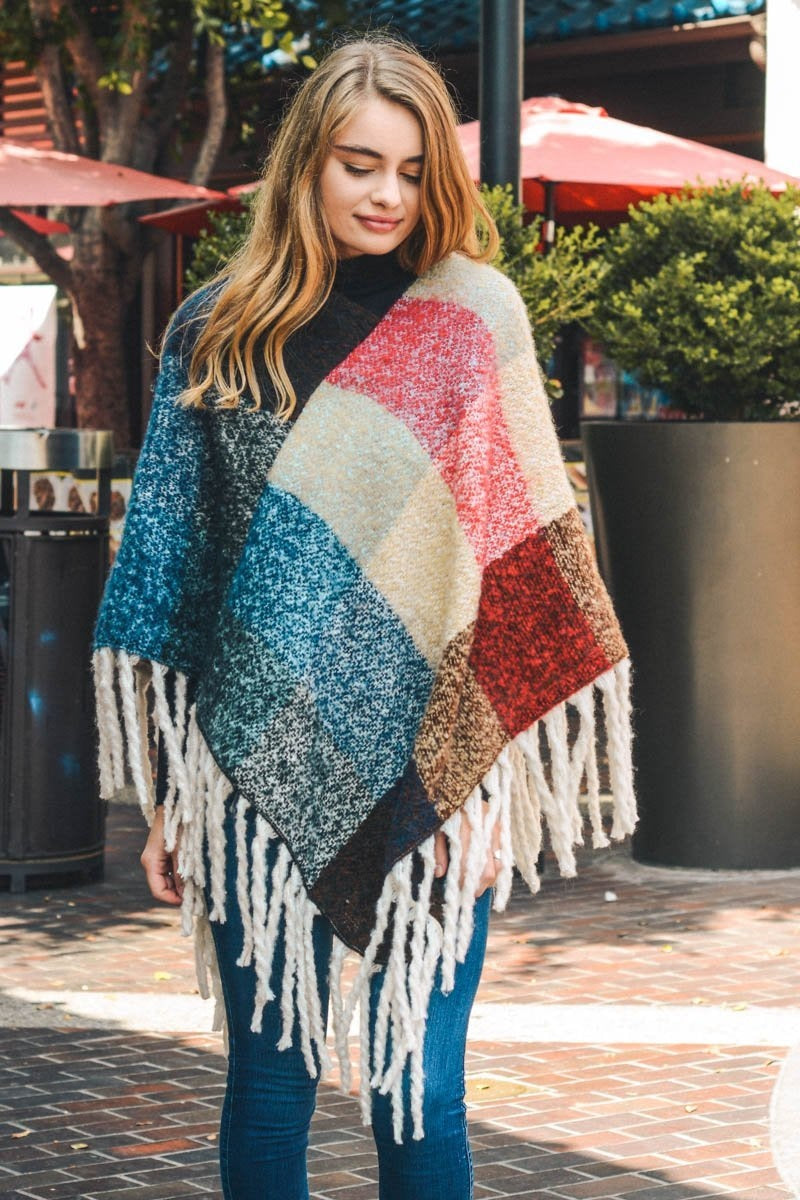 A Flurry of Fun Color Block Tassel Poncho Ponchos