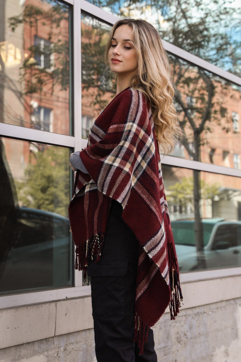 Open Sleeve Classic Plaid Ruana Ponchos