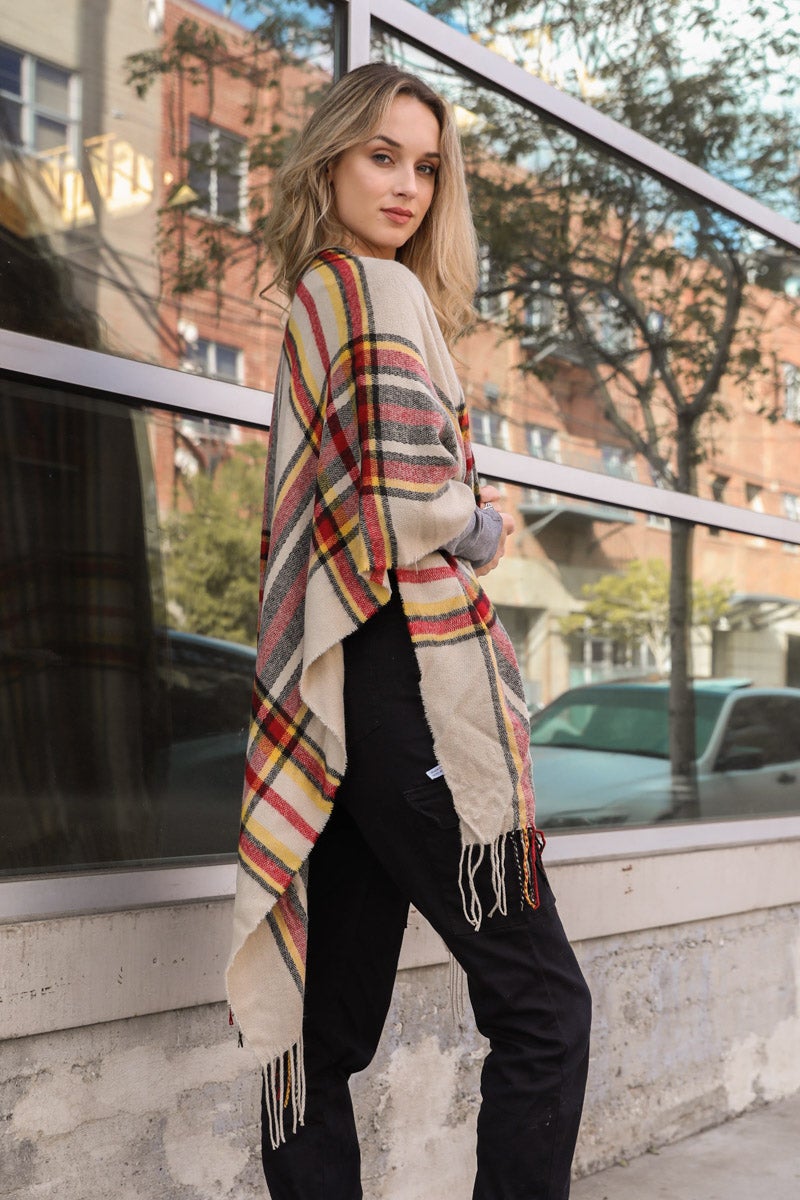 Open Sleeve Classic Plaid Ruana Ponchos